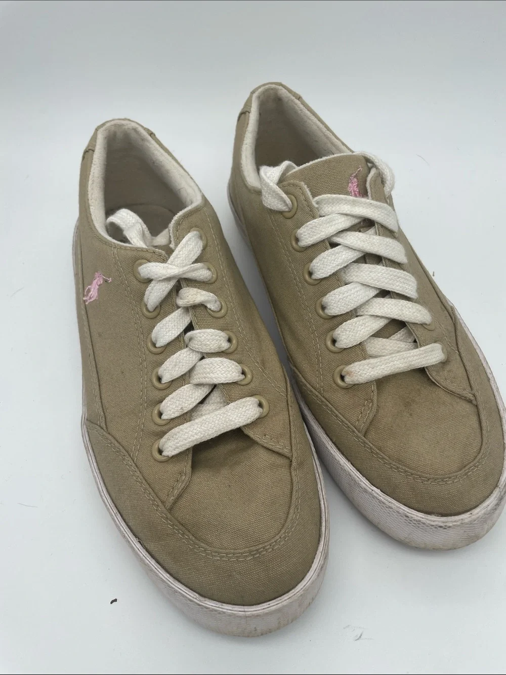 Polo by Ralph Lauren Tan Canvas Low-Top Sneakers with Pink Pony